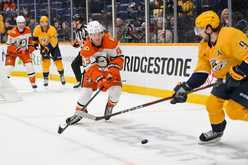 Mar 20, 2025; Nashville, Tennessee, USA;  Anaheim Ducks defenseman Drew Helleson (43) and Nashville Predators left wing Filip Forsberg (9) battle for the puck during the third period at Bridgestone Arena. Mandatory Credit: Steve Roberts-Imagn Images