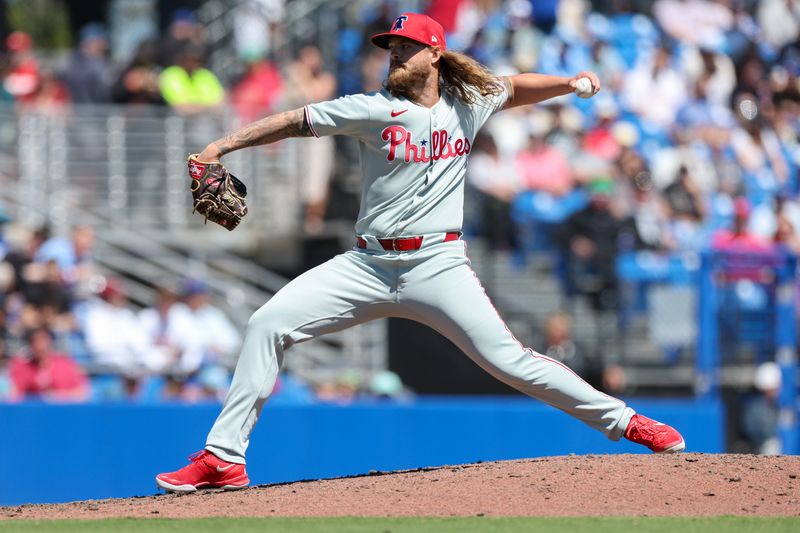 Mar 21, 2025; Dunedin, Florida, USA; Philadelphia Phillies pitcher Nick Vespa (88) throws a pitch against the Toronto Blue Jays in the fifth inning during spring training at TD Ballpark. Mandatory Credit: Nathan Ray Seebeck-Imagn Images