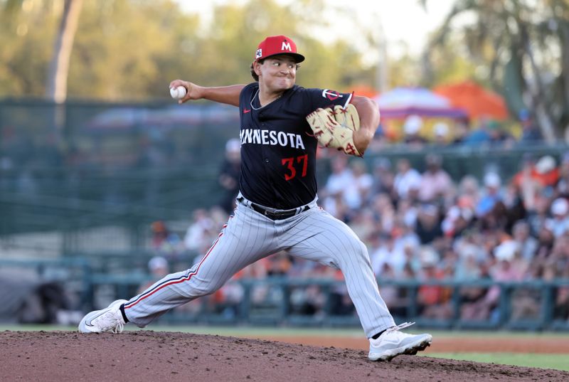 Mar 14, 2025; Sarasota, Florida, USA;  Minnesota Twins pitcher Louis Varland (37) throws a pitch during the third inning against the Baltimore Orioles at Ed Smith Stadium. Mandatory Credit: Kim Klement Neitzel-Imagn Images