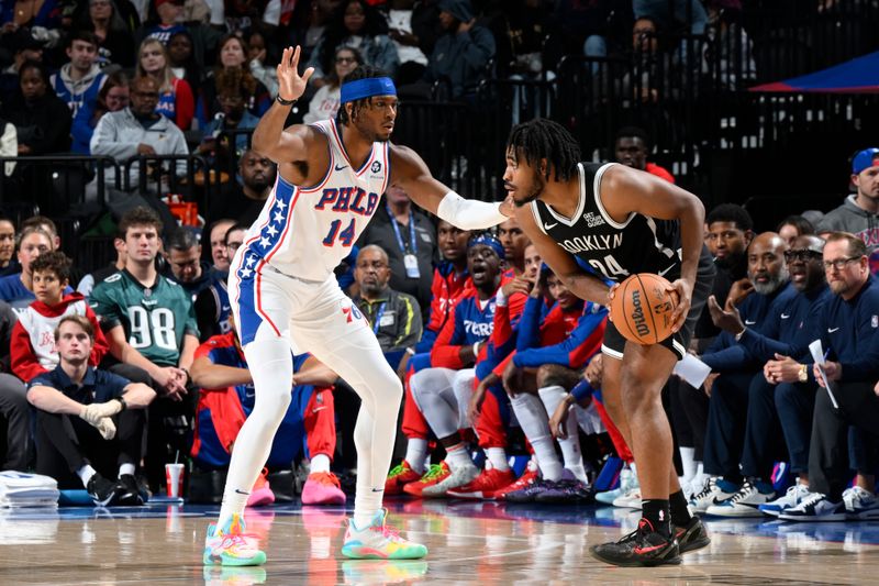 PHILADELPHIA, PA - OCTOBER 16:  Cam Thomas #24 of the Brooklyn Nets handles the ball during the game against the Philadelphia 76ers on October 16, 2024 at the Wells Fargo Center in Philadelphia, Pennsylvania NOTE TO USER: User expressly acknowledges and agrees that, by downloading and/or using this Photograph, user is consenting to the terms and conditions of the Getty Images License Agreement. Mandatory Copyright Notice: Copyright 2024 NBAE (Photo by David Dow/NBAE via Getty Images)