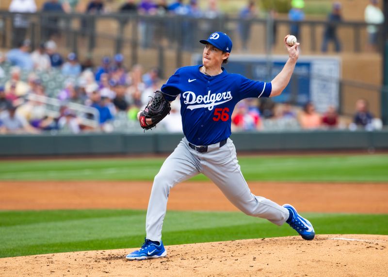 Feb 26, 2024; Salt River Pima-Maricopa, Arizona, USA; Los Angeles Dodgers pitcher Ryan Yarbrough against the Colorado Rockies during a spring training game at Salt River Fields at Talking Stick. Mandatory Credit: Mark J. Rebilas-USA TODAY Sports