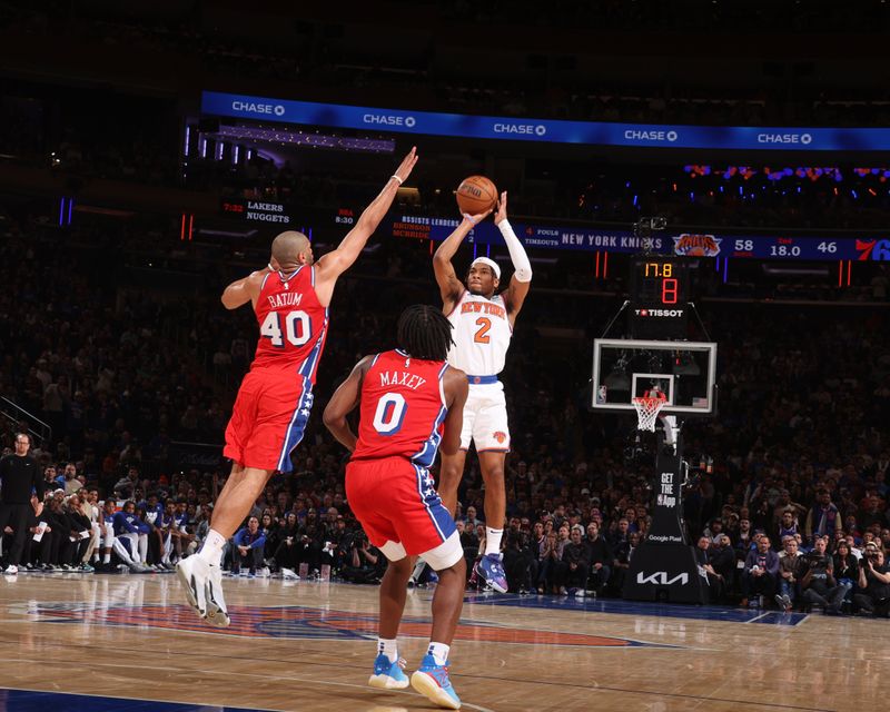 NEW YORK, NY - APRIL 20:  Miles McBride #2 of the New York Knicks shoots the ball during the game against the Philadelphia 76ers during Round 1 Game 1 of the 2024 NBA Playoffs on April 20, 2024 at Madison Square Garden in New York City, New York.  NOTE TO USER: User expressly acknowledges and agrees that, by downloading and or using this photograph, User is consenting to the terms and conditions of the Getty Images License Agreement. Mandatory Copyright Notice: Copyright 2024 NBAE  (Photo by Nathaniel S. Butler/NBAE via Getty Images)