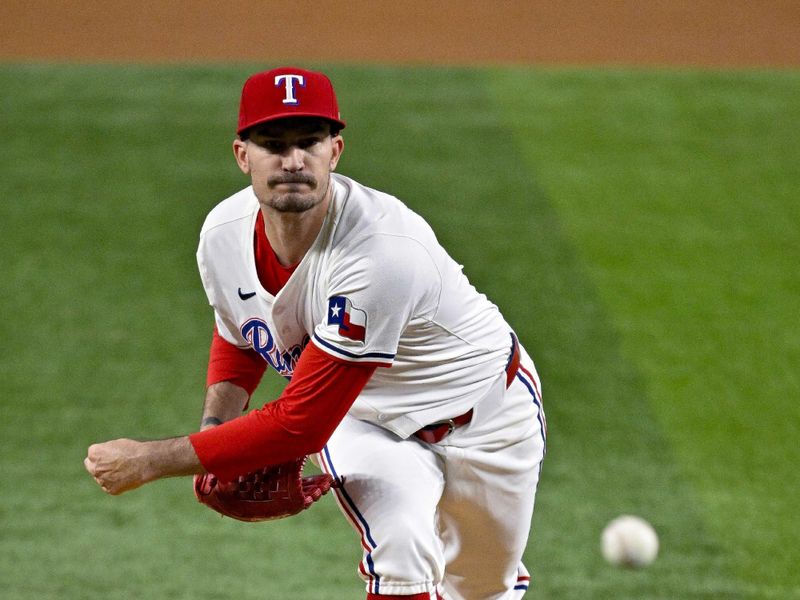 Aug 5, 2024; Arlington, Texas, USA; Texas Rangers starting pitcher Andrew Heaney (44) pitches against the Houston Astros during the first inning at Globe Life Field. Mandatory Credit: Jerome Miron-USA TODAY Sports