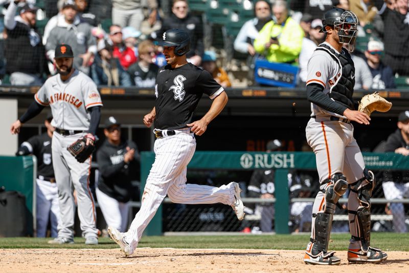 Apr 6, 2023; Chicago, Illinois, USA; Chicago White Sox catcher Seby Zavala (44) scores against the San Francisco Giants during the fourth inning at Guaranteed Rate Field. Mandatory Credit: Kamil Krzaczynski-USA TODAY Sports