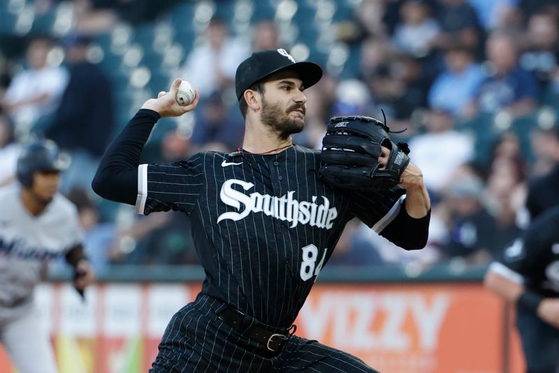 Jun 9, 2023; Chicago, Illinois, USA; Chicago White Sox starting pitcher Dylan Cease (84) pitches against the Miami Marlins during the first inning at Guaranteed Rate Field. Mandatory Credit: Kamil Krzaczynski-USA TODAY Sports