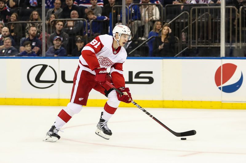 Nov 6, 2022; New York, New York, USA;  Detroit Red Wings left wing Dominik Kubalik (81) skates down ice on a breakaway in the third period against the New York Rangers at Madison Square Garden. Mandatory Credit: Wendell Cruz-USA TODAY Sports