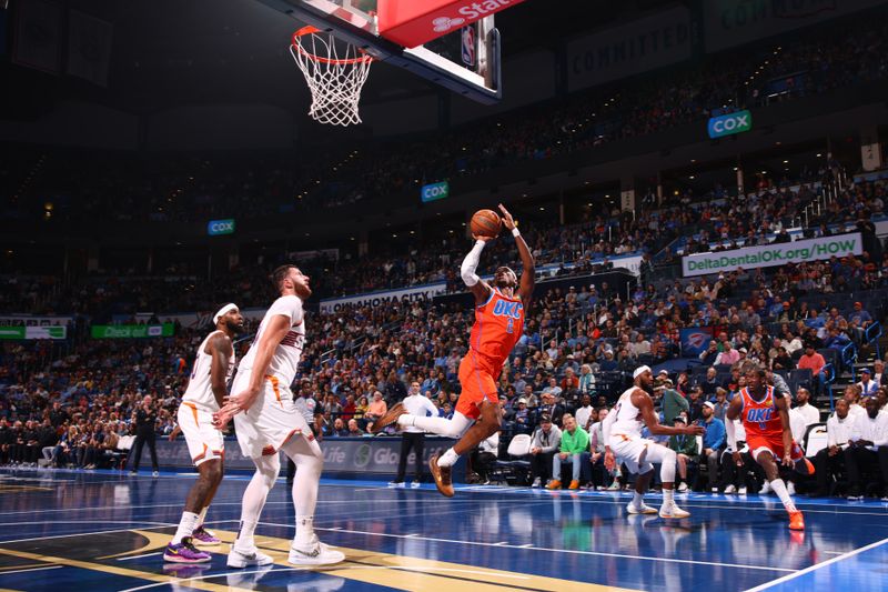 OKLAHOMA CITY, OK - NOVEMBER 15: Shai Gilgeous-Alexander #2 of the Oklahoma City Thunder shoots the ball during the game against the Phoenix Suns during the Emirates NBA Cup game on November 15, 2024 at Paycom Center in Oklahoma City, Oklahoma. NOTE TO USER: User expressly acknowledges and agrees that, by downloading and or using this photograph, User is consenting to the terms and conditions of the Getty Images License Agreement. Mandatory Copyright Notice: Copyright 2024 NBAE (Photo by Zach Beeker/NBAE via Getty Images)