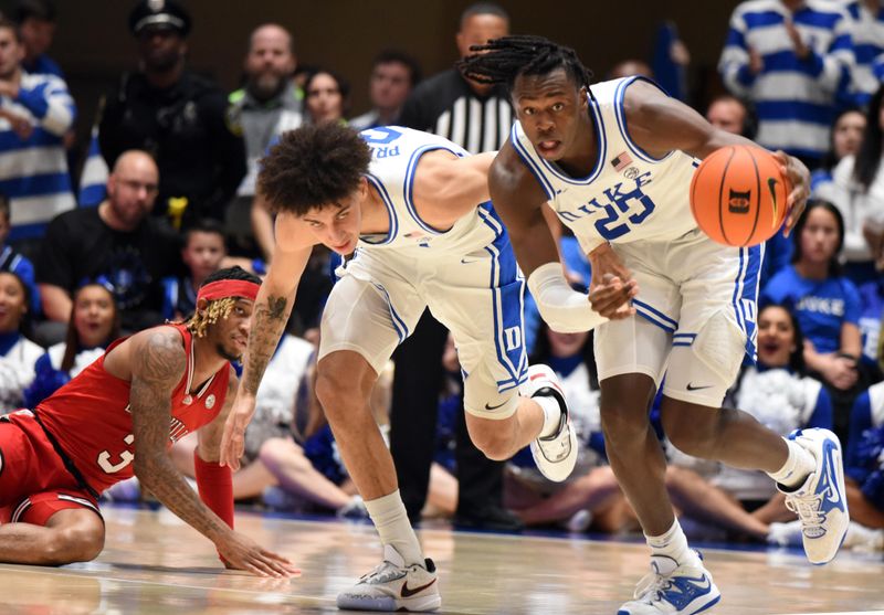 Feb 20, 2023; Durham, North Carolina, USA; Duke Blue Devils forward Mark Mitchell (25) dribbles up court after a steal during the second half against the Louisville Cardinals  at Cameron Indoor Stadium. The Blue Devils won 79-62. Mandatory Credit: Rob Kinnan-USA TODAY Sports