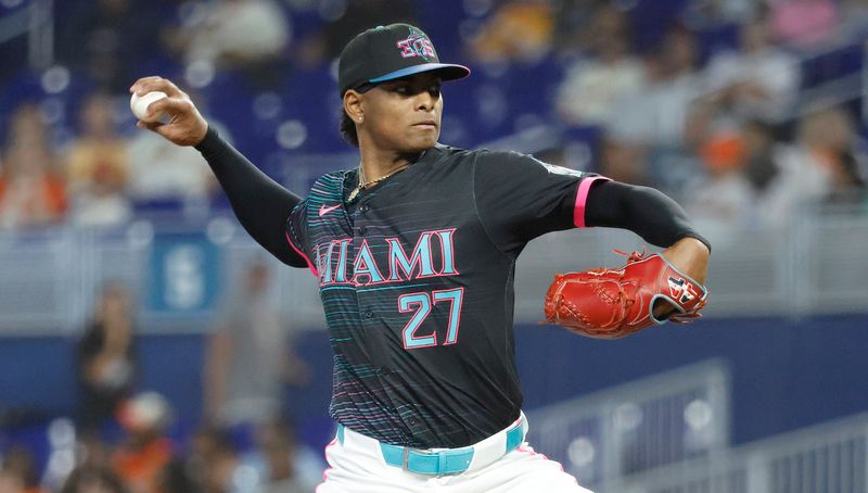 May 31, 2025; Miami, Florida, USA;  Miami Marlins starting pitcher Edward Cabrera (27) pitches against the San Francisco Giants during the first inning at loanDepot Park. Mandatory Credit: Rhona Wise-Imagn Images