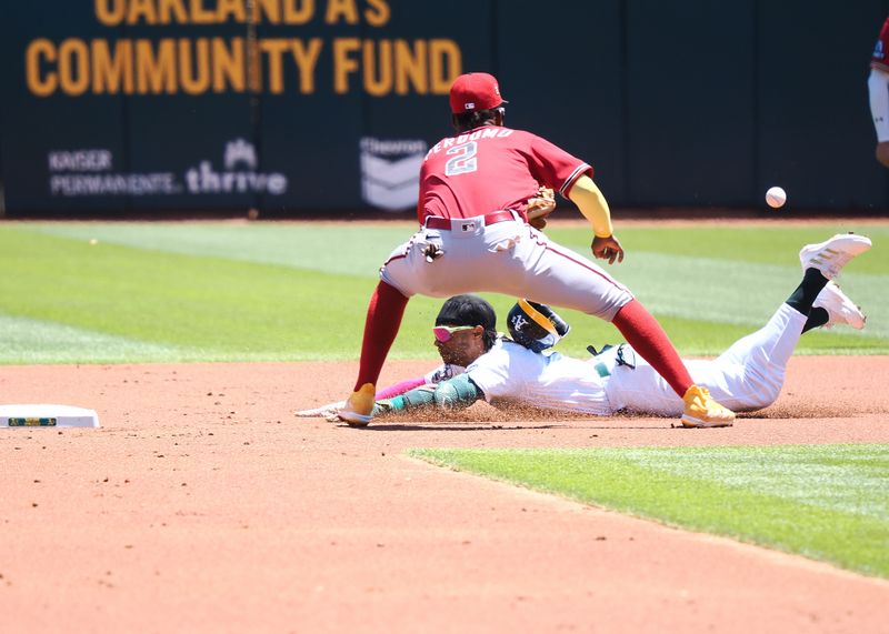 May 17, 2023; Oakland, California, USA; Oakland Athletics center fielder Esteury Ruiz (1) dives safely to second base before the ball reaches Arizona Diamondbacks shortstop Geraldo Perdomo (2) during the first inning at Oakland-Alameda County Coliseum. Mandatory Credit: Kelley L Cox-USA TODAY Sports