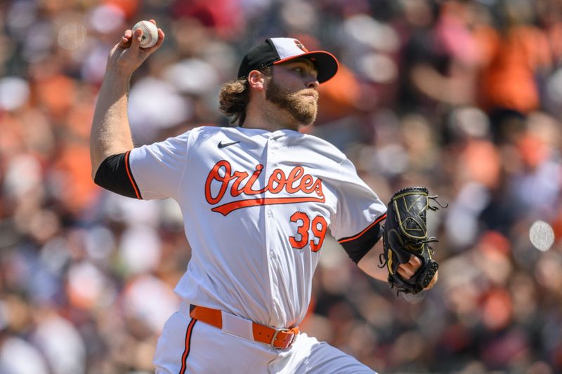 Apr 14, 2024; Baltimore, Maryland, USA; Baltimore Orioles pitcher Corbin Burnes (39) throws a pitch during the first inning against the Milwaukee Brewers at Oriole Park at Camden Yards. Mandatory Credit: Reggie Hildred-USA TODAY Sports