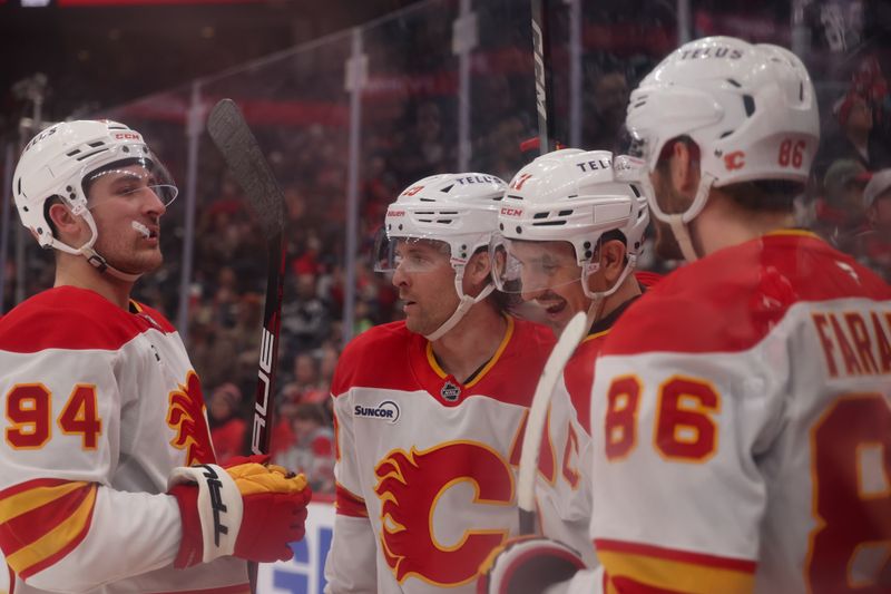 Mar 12, 2026; Newark, New Jersey, USA; Calgary Flames center Mikael Backlund (11) celebrates his goal against the New Jersey Devils during the third period at Prudential Center. Mandatory Credit: Ed Mulholland-Imagn Images