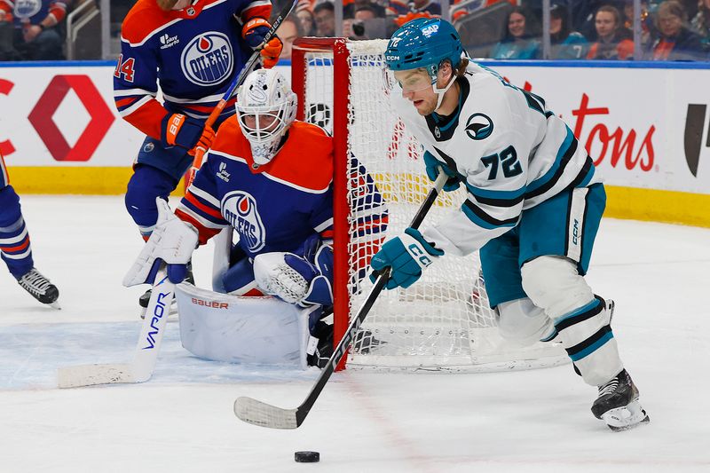 Jan 29, 2026; Edmonton, Alberta, CAN; San Jose Sharks forward William Eklund (72) looks to made a pass in front of Edmonton Oilers goaltender Connor Ingram (39) during the second period at Rogers Place. Mandatory Credit: Perry Nelson-Imagn Images