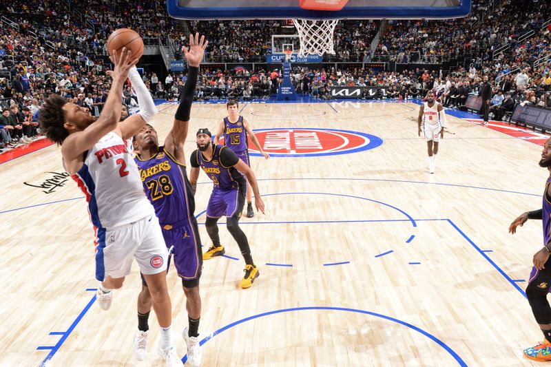 DETROIT, MI - NOVEMBER 4: Cade Cunningham #2 of the Detroit Pistons drives to the basket during the game against the Los Angeles Lakers on November 4, 2024 at Little Caesars Arena in Detroit, Michigan. NOTE TO USER: User expressly acknowledges and agrees that, by downloading and/or using this photograph, User is consenting to the terms and conditions of the Getty Images License Agreement. Mandatory Copyright Notice: Copyright 2024 NBAE (Photo by Chris Schwegler/NBAE via Getty Images)