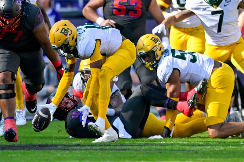 Nov 18, 2023; Fort Worth, Texas, USA; Baylor Bears cornerback Caden Jenkins (19) recovers a fumble by the TCU Horned Frogs during the first half at Amon G. Carter Stadium. Mandatory Credit: Jerome Miron-USA TODAY Sports