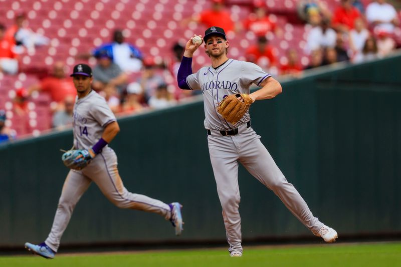 Jul 11, 2024; Cincinnati, Ohio, USA; Colorado Rockies third baseman Ryan McMahon (24) throws to first to get Cincinnati Reds outfielder Spencer Steer (not pictured) out in the eighth inning at Great American Ball Park. Mandatory Credit: Katie Stratman-USA TODAY Sports