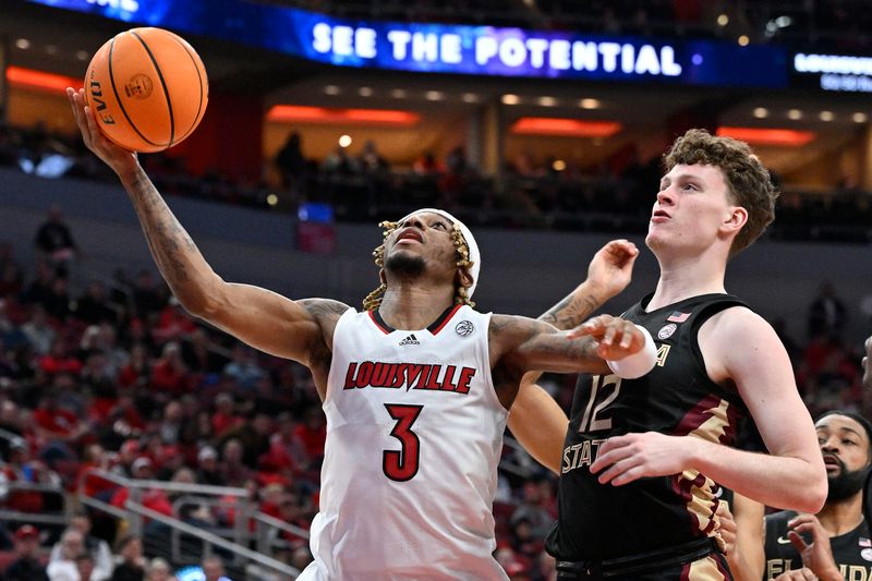 Feb 4, 2023; Louisville, Kentucky, USA;  Louisville Cardinals guard El Ellis (3) shoots against Florida State Seminoles guard Tom House (12) during the second half at KFC Yum! Center. Florida State defeated Louisville 81-78. Mandatory Credit: Jamie Rhodes-USA TODAY Sports