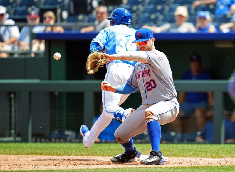 Aug 3, 2023; Kansas City, Missouri, USA; New York Mets first baseman Pete Alonso (20) is unable to make the catch as Kansas City Royals catcher Freddy Fermin (34) reaches on an infield single during the seventh inning at Kauffman Stadium. Mandatory Credit: Jay Biggerstaff-USA TODAY Sports