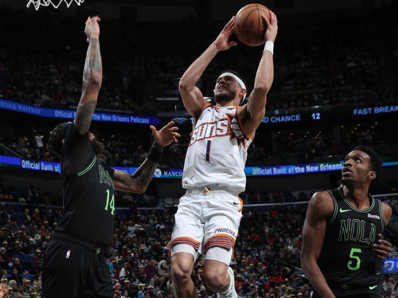 NEW ORLEANS, LA - JANUARY 19: Devin Booker #1 of the Phoenix Suns drives to the basket during the game against the New Orleans Pelicans on January 19, 2024 at the Smoothie King Center in New Orleans, Louisiana. NOTE TO USER: User expressly acknowledges and agrees that, by downloading and or using this Photograph, user is consenting to the terms and conditions of the Getty Images License Agreement. Mandatory Copyright Notice: Copyright 2024 NBAE (Photo by Layne Murdoch Jr./NBAE via Getty Images)