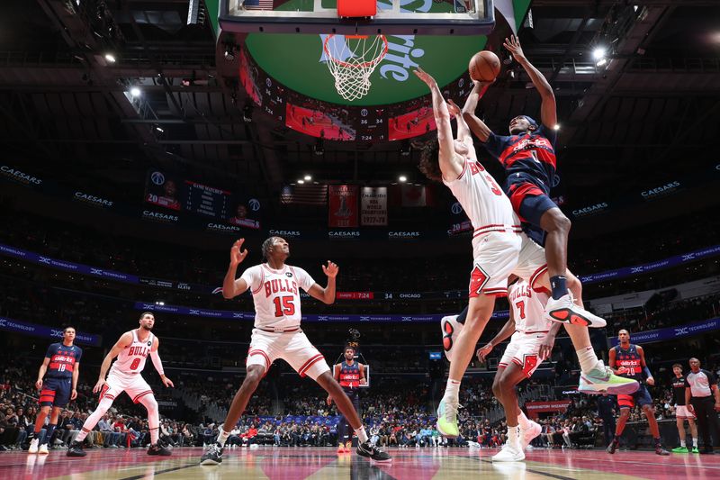 WASHINGTON, DC -? NOVEMBER 26: Bub Carrington #8 of the Washington Wizards drives to the basket during the game against the Chicago Bulls during the Emirates NBA Cup game on November 26, 2024 at Capital One Arena in Washington, DC. NOTE TO USER: User expressly acknowledges and agrees that, by downloading and or using this Photograph, user is consenting to the terms and conditions of the Getty Images License Agreement. Mandatory Copyright Notice: Copyright 2024 NBAE (Photo by Stephen Gosling/NBAE via Getty Images)