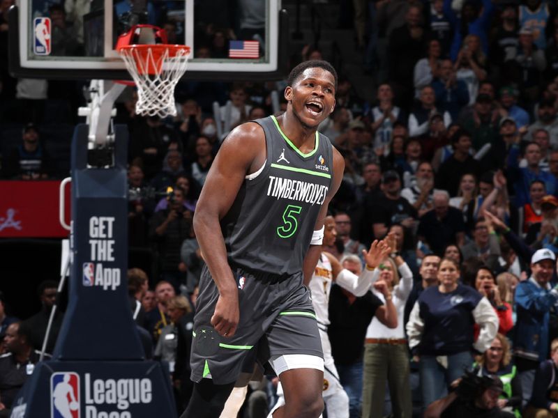 MINNEAPOLIS, MN -  NOVEMBER 1: Anthony Edwards #5 of the Minnesota Timberwolves celebrates during the game against the Denver Nuggets on November 1, 2024 at Target Center in Minneapolis, Minnesota. NOTE TO USER: User expressly acknowledges and agrees that, by downloading and or using this Photograph, user is consenting to the terms and conditions of the Getty Images License Agreement. Mandatory Copyright Notice: Copyright 2024 NBAE (Photo by David Sherman/NBAE via Getty Images)