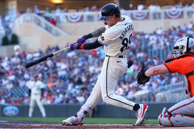 Sep 29, 2024; Minneapolis, Minnesota, USA; Minnesota Twins center fielder DaShawn Keirsey Jr. (89) hits his first career home run against the Baltimore Orioles during the third inning at Target Field. Mandatory Credit: Matt Krohn-Imagn Images