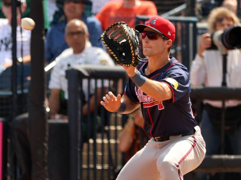 Mar 10, 2024; Tampa, Florida, USA; Atlanta Braves first baseman Luke Williams (74) catches the ball for an out during the second inning against the New York Yankees at George M. Steinbrenner Field. Mandatory Credit: Kim Klement Neitzel-USA TODAY Sports