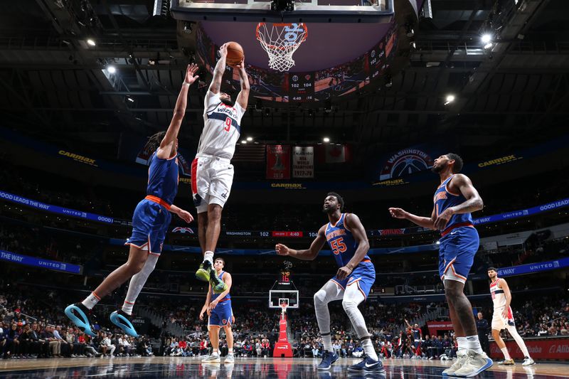 WASHINGTON, DC -? OCTOBER 18: Justin Champagnie #9 of the Washington Wizards dunks the ball during the game against the New York Knicks on October 18, 2024 at Capital One Arena in Washington, DC. NOTE TO USER: User expressly acknowledges and agrees that, by downloading and or using this Photograph, user is consenting to the terms and conditions of the Getty Images License Agreement. Mandatory Copyright Notice: Copyright 2024 NBAE (Photo by Stephen Gosling/NBAE via Getty Images)