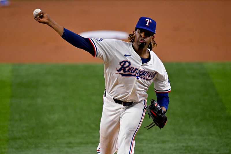 Aug 7, 2024; Arlington, Texas, USA;  Texas Rangers starting pitcher Jose Urena (54) pitches against the Houston Astros during the first inning at Globe Life Field. Mandatory Credit: Jerome Miron-USA TODAY Sports