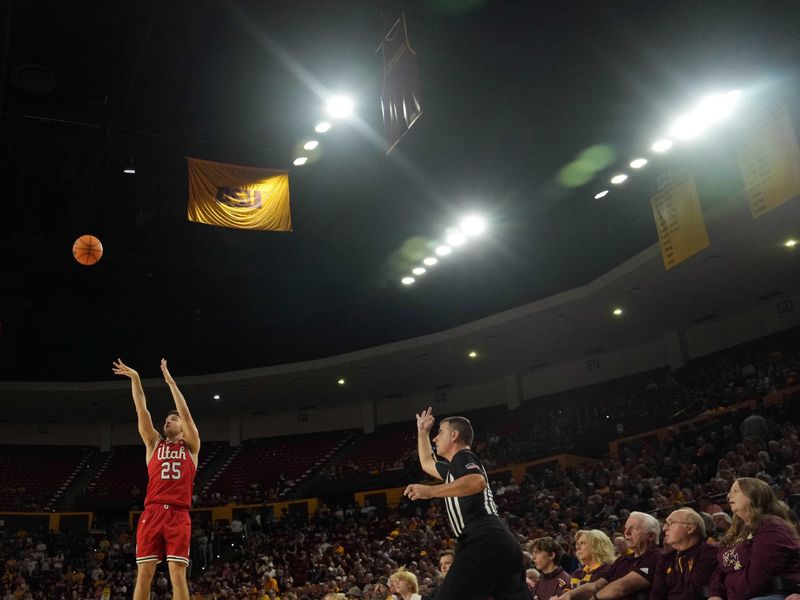 Feb 18, 2023; Tempe, Arizona, USA; Utah Utes guard Rollie Worster (25) shoots against the Arizona State Sun Devils during the first half at Desert Financial Arena. Mandatory Credit: Joe Camporeale-USA TODAY Sports