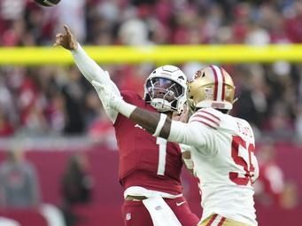 Arizona Cardinals quarterback Kyler Murray (1) throws a pass under pressure from San Francisco 49ers defensive end Leonard Floyd (56) during the second half of an NFL football game in Glendale, Ariz., Sunday, Jan. 5, 2025. (AP Photo/Ross D. Franklin)