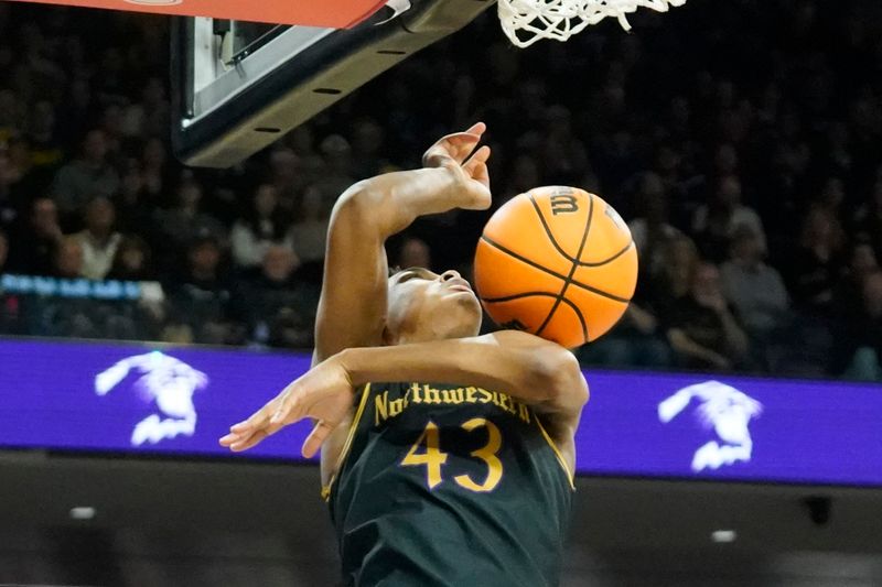 Mar 2, 2024; Evanston, Illinois, USA; Northwestern Wildcats guard Blake Smith (43) dunks the ball against the Iowa Hawkeyes during the second half at Welsh-Ryan Arena. Mandatory Credit: David Banks-USA TODAY Sports