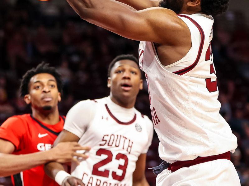 Mar 4, 2023; Columbia, South Carolina, USA; South Carolina Gamecocks forward Josh Gray (33) loses the ball against the Georgia Bulldogs in the first half at Colonial Life Arena. Mandatory Credit: Jeff Blake-USA TODAY Sports