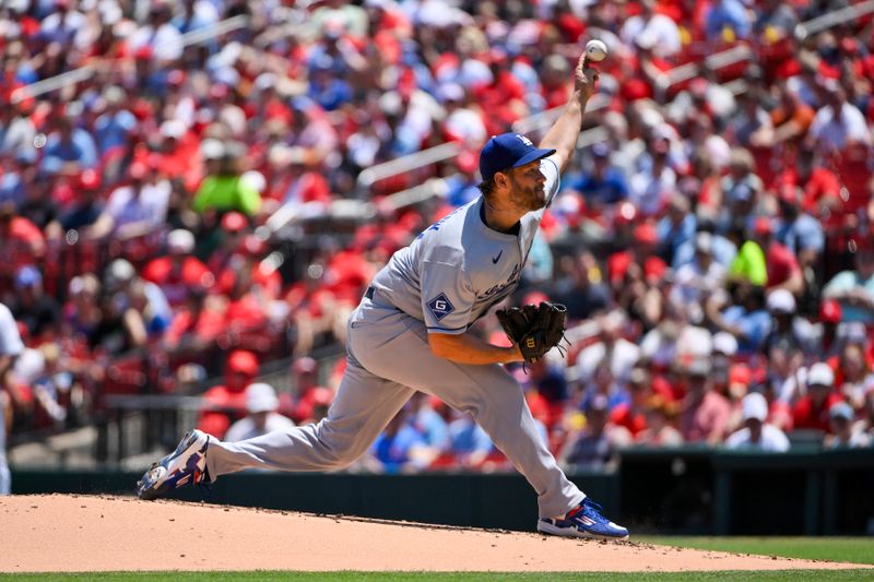 Jun 8, 2025; St. Louis, Missouri, USA;  Los Angeles Dodgers starting pitcher Clayton Kershaw (22) pitches against the St. Louis Cardinals during the first inning at Busch Stadium. Mandatory Credit: Jeff Curry-Imagn Images