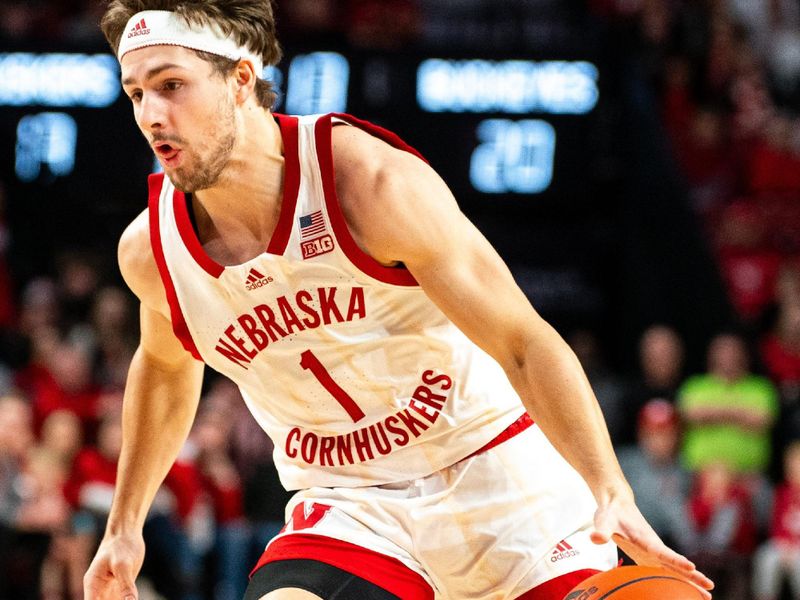 Jan 23, 2024; Lincoln, Nebraska, USA; Nebraska Cornhuskers guard Sam Hoiberg (1) drives against the Ohio State Buckeyes during the first half at Pinnacle Bank Arena. Mandatory Credit: Dylan Widger-USA TODAY Sports