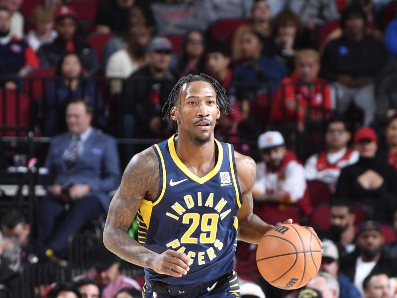 HOUSTON, TX - NOVEMBER 20:  Quenton Jackson #29 of the Indiana Pacers dribbles the ball during the game against the Houston Rockets on November 20, 2024 at the Toyota Center in Houston, Texas. NOTE TO USER: User expressly acknowledges and agrees that, by downloading and or using this photograph, User is consenting to the terms and conditions of the Getty Images License Agreement. Mandatory Copyright Notice: Copyright 2024 NBAE (Photo by Logan Riely/NBAE via Getty Images)
