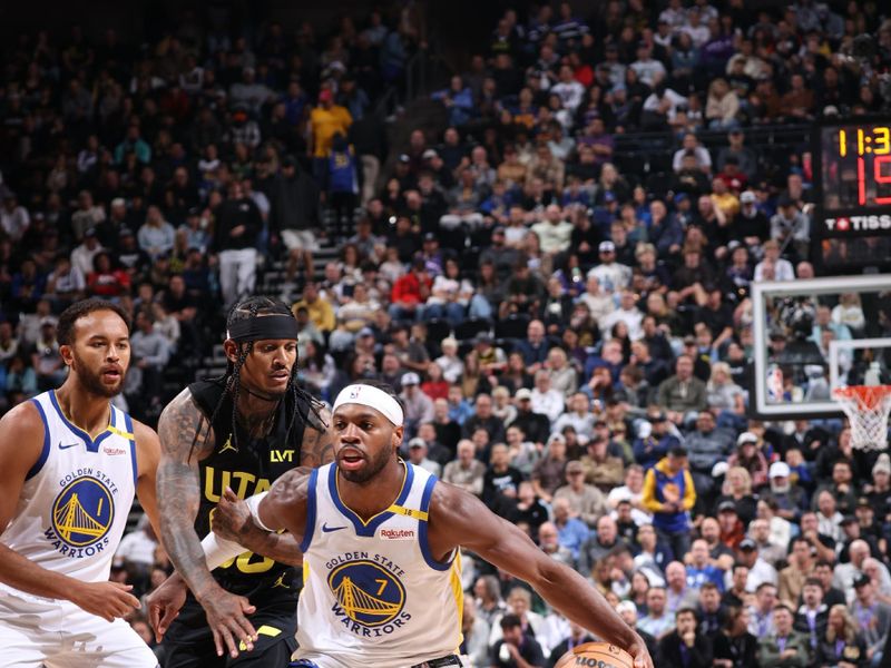 SALT LAKE CITY, UT - OCTOBER 25: Buddy Hield #7 of the Golden State Warriors drives to the basket during the game on October 25, 2024 at Delta Center in Salt Lake City, Utah. NOTE TO USER: User expressly acknowledges and agrees that, by downloading and or using this Photograph, User is consenting to the terms and conditions of the Getty Images License Agreement. Mandatory Copyright Notice: Copyright 2024 NBAE (Photo by Melissa Majchrzak/NBAE via Getty Images)