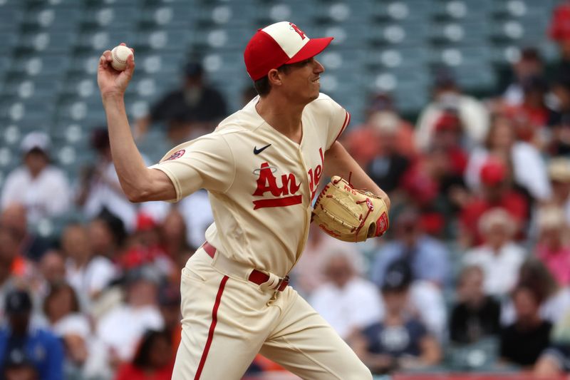 Sep 17, 2023; Anaheim, California, USA; Los Angeles Angels starting pitcher Jimmy Herget (46) throws a pitch during the first inning against the Detroit Tigers at Angel Stadium. Mandatory Credit: Kiyoshi Mio-USA TODAY Sports