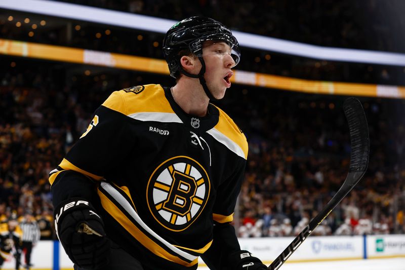 Oct 14, 2024; Boston, Massachusetts, USA; Boston Bruins defenseman Mason Lohrei (6) celebrates his goal against the Florida Panthers during the second period at TD Garden. Mandatory Credit: Winslow Townson-Imagn Images