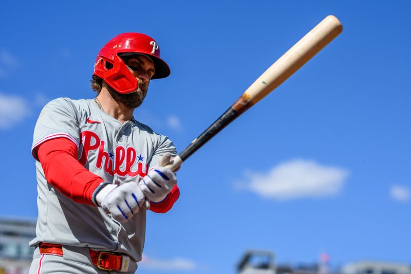 Apr 7, 2024; Washington, District of Columbia, USA; Philadelphia Phillies first base Bryce Harper (3) in the on deck circle during the eighth inning against the Washington Nationals at Nationals Park. Mandatory Credit: Reggie Hildred-USA TODAY Sports