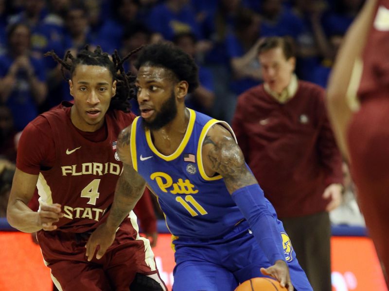 Jan 21, 2023; Pittsburgh, Pennsylvania, USA;  Pittsburgh Panthers guard Jamarius Burton (11) dribbles the ball against Florida State Seminoles guard Caleb Mills (4) during the second half at the Petersen Events Center. The Seminoles won 71-64. Mandatory Credit: Charles LeClaire-USA TODAY Sports