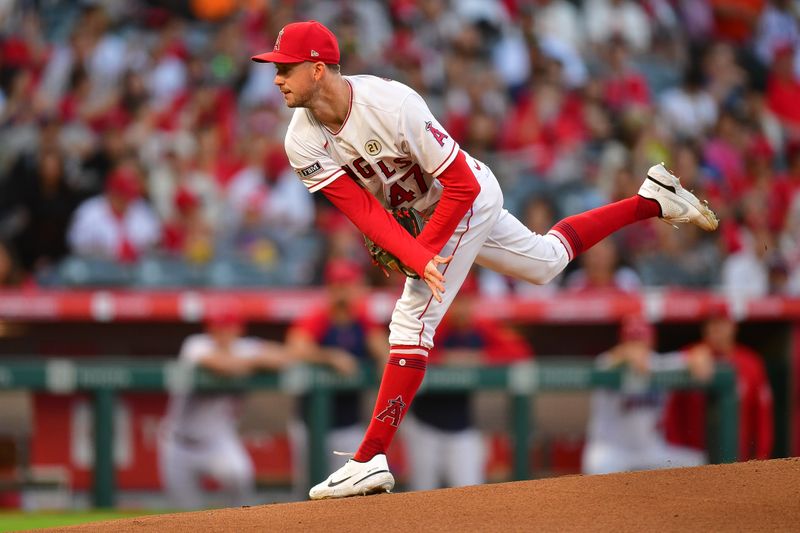 Sep 15, 2023; Anaheim, California, USA; Los Angeles Angels starting pitcher Griffin Canning (47) throws against the Detroit Tigers during the first inning at Angel Stadium. Mandatory Credit: Gary A. Vasquez-USA TODAY Sports