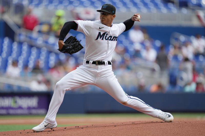 Apr 5, 2023; Miami, Florida, USA;  Miami Marlins starting pitcher Jesus Luzardo (44) pitches against the Minnesota Twins in the first inning at loanDepot Park. Mandatory Credit: Jim Rassol-USA TODAY Sports