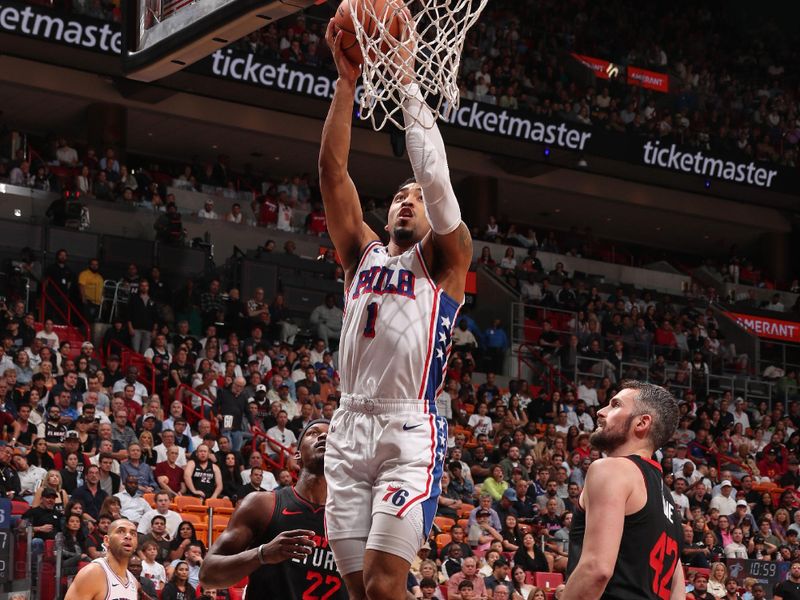 MIAMI, FL - APRIL 4: Kenyon Martin Jr. #1 of the Philadelphia 76ers drives to the basket during the game against the Miami Heat on April 4, 2024 at Kaseya Center in Miami, Florida. NOTE TO USER: User expressly acknowledges and agrees that, by downloading and or using this Photograph, user is consenting to the terms and conditions of the Getty Images License Agreement. Mandatory Copyright Notice: Copyright 2024 NBAE (Photo by Issac Baldizon/NBAE via Getty Images)