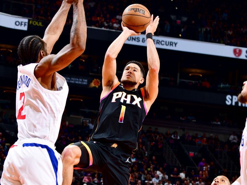 PHOENIX, AZ - APRIL 18: Devin Booker #1 of the Phoenix Suns shoots the ball during the game against the LA Clippers during Round 1 Game 2 of the 2023 NBA Playoffs on April 18, 2023 at Footprint Center in Phoenix, Arizona. NOTE TO USER: User expressly acknowledges and agrees that, by downloading and or using this photograph, user is consenting to the terms and conditions of the Getty Images License Agreement. Mandatory Copyright Notice: Copyright 2023 NBAE (Photo by Barry Gossage/NBAE via Getty Images)