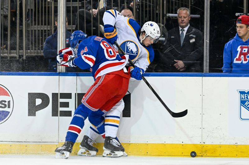 Nov 7, 2024; New York, New York, USA;  New York Rangers center Adam Edstrom (84) checks Buffalo Sabres defenseman Owen Power (25) into the boards during the second period at Madison Square Garden. Mandatory Credit: Dennis Schneidler-Imagn Images