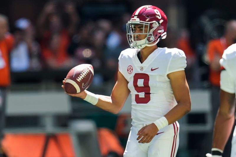 Sep 4, 2021; Atlanta, Georgia, USA; Alabama Crimson Tide quarterback Bryce Young (9) on the field before the game against the Miami Hurricanes at Mercedes-Benz Stadium. Mandatory Credit: Dale Zanine-USA TODAY Sports