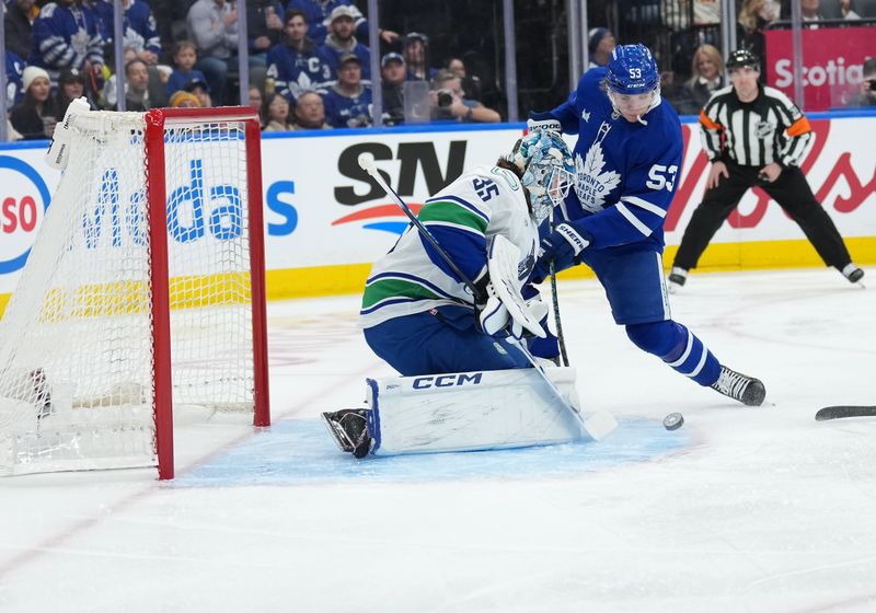 Jan 10, 2026; Toronto, Ontario, CAN; Toronto Maple Leafs right wing Easton Cowan (53) plays the puck in front of Vancouver Canucks goaltender Thatcher Demko (35) during the first period at Scotiabank Arena. Mandatory Credit: Nick Turchiaro-Imagn Images