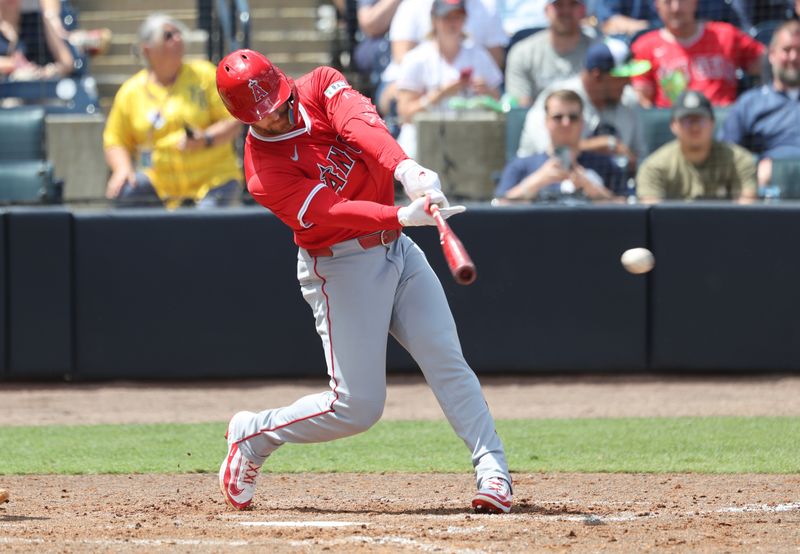 Apr 10, 2025; Tampa, Fl, USA;  Los Angeles Angels outfielder Taylor Ward (3) singles during the sixth inning against the Tampa Bay Rays at George M. Steinbrenner Field. Mandatory Credit: Kim Klement Neitzel-Imagn Images