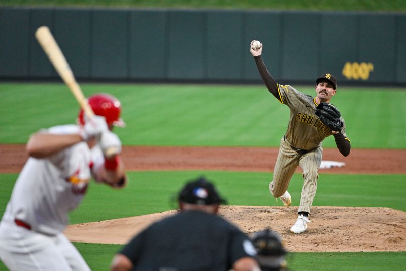 Aug 27, 2024; St. Louis, Missouri, USA;  San Diego Padres starting pitcher Dylan Cease (84) pitches against St. Louis Cardinals first baseman Paul Goldschmidt (46) during the second inning at Busch Stadium. Mandatory Credit: Jeff Curry-USA TODAY Sports